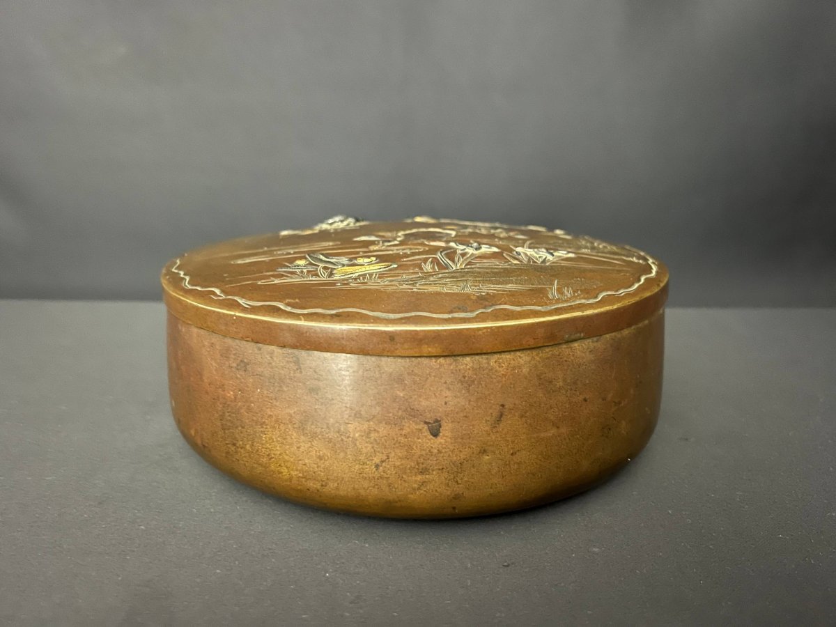 Antique Japanese Bronze Box With Inlaid Decoration, Bird And Flowers, Meiji Period-photo-3