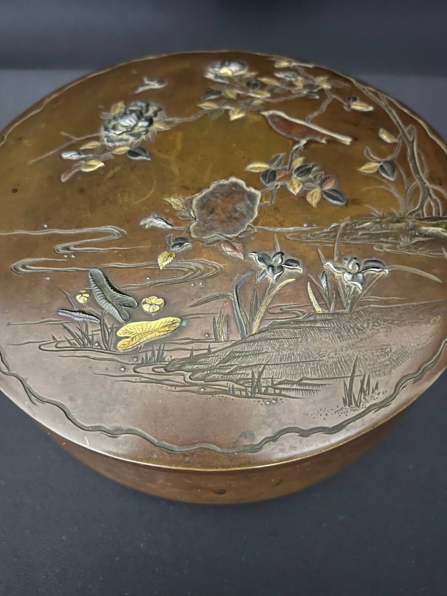 Antique Japanese Bronze Box With Inlaid Decoration, Bird And Flowers, Meiji Period-photo-4