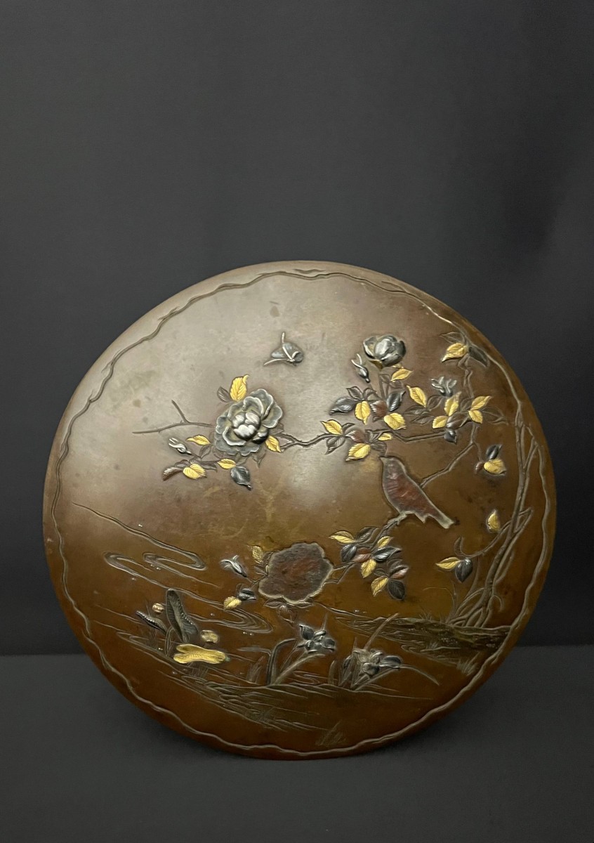 Antique Japanese Bronze Box With Inlaid Decoration, Bird And Flowers, Meiji Period