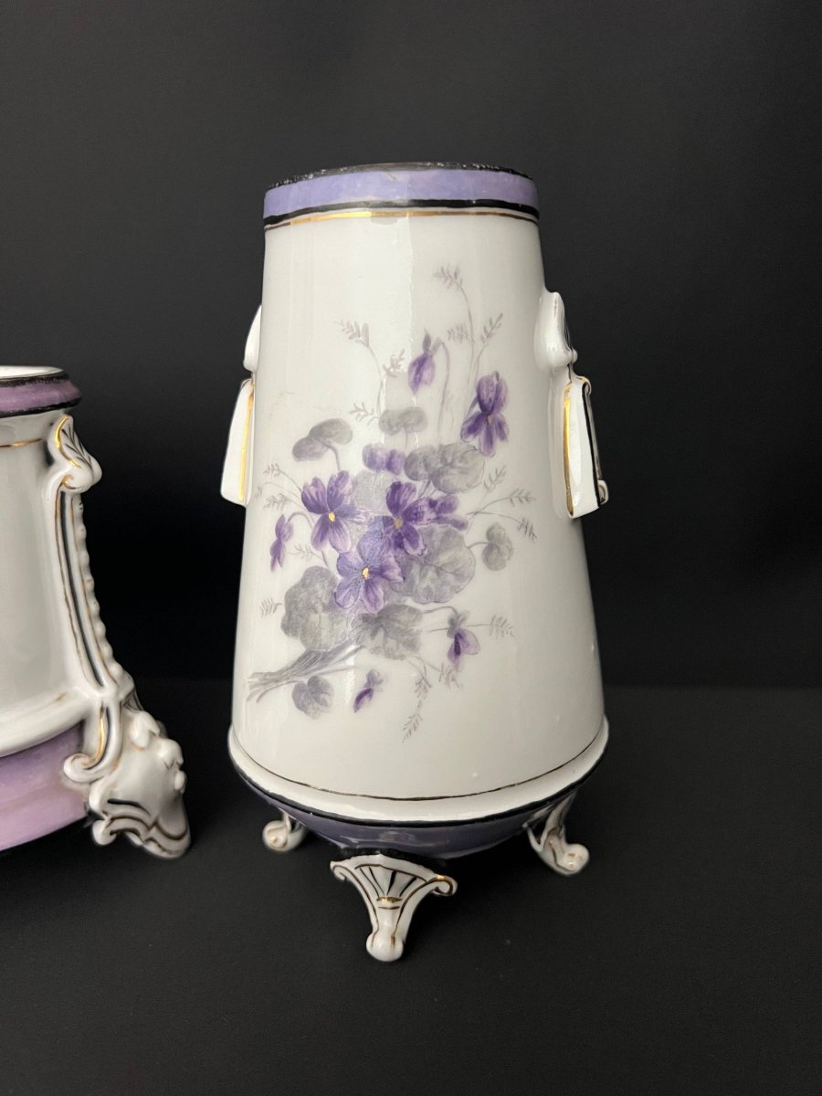 Jardinière ancienne en porcelaine avec sa paire de vases assortis-photo-2