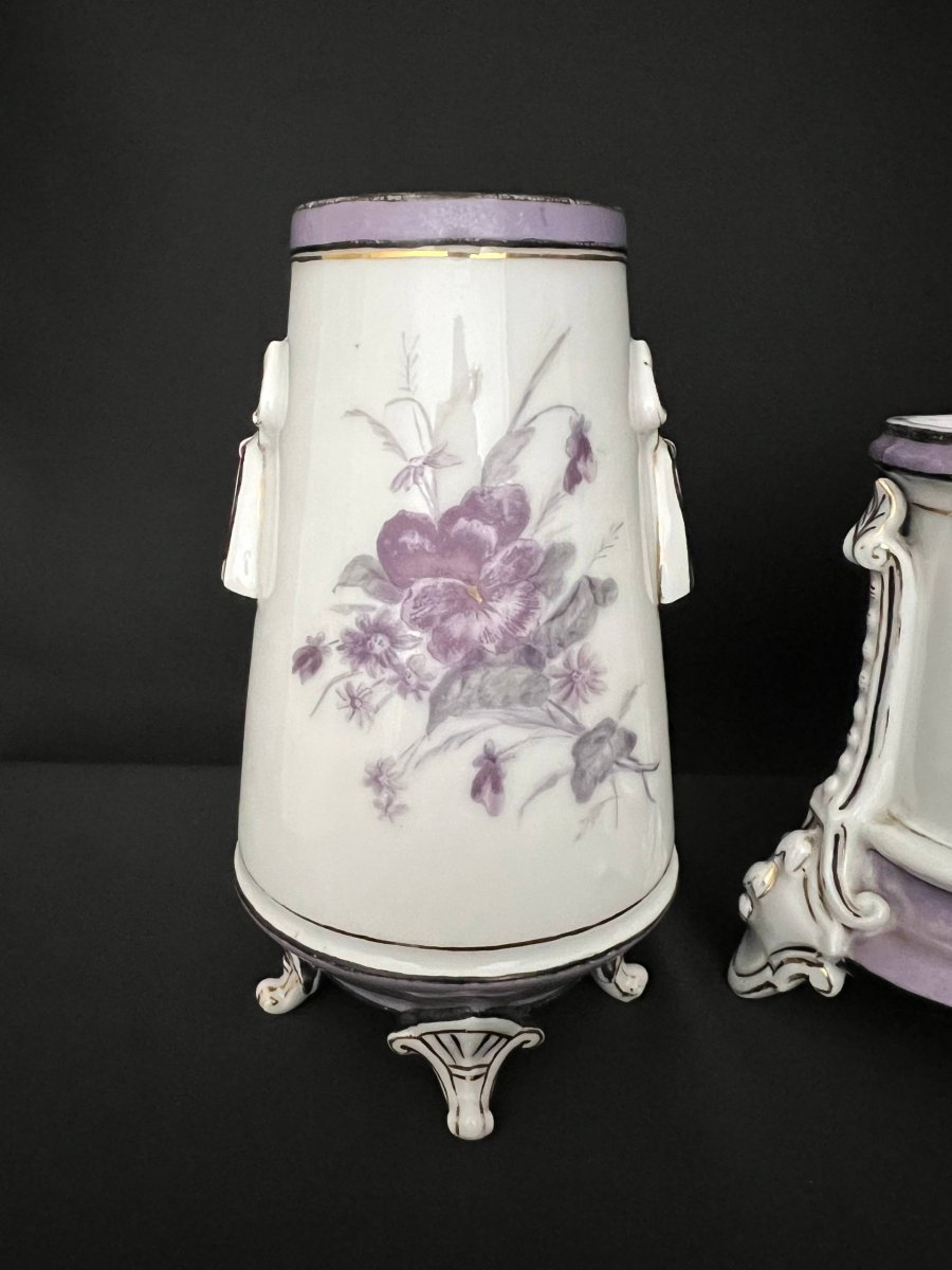 Jardinière ancienne en porcelaine avec sa paire de vases assortis-photo-3