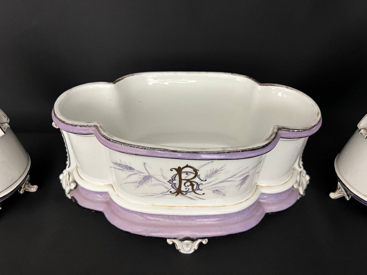 Jardinière ancienne en porcelaine avec sa paire de vases assortis-photo-4