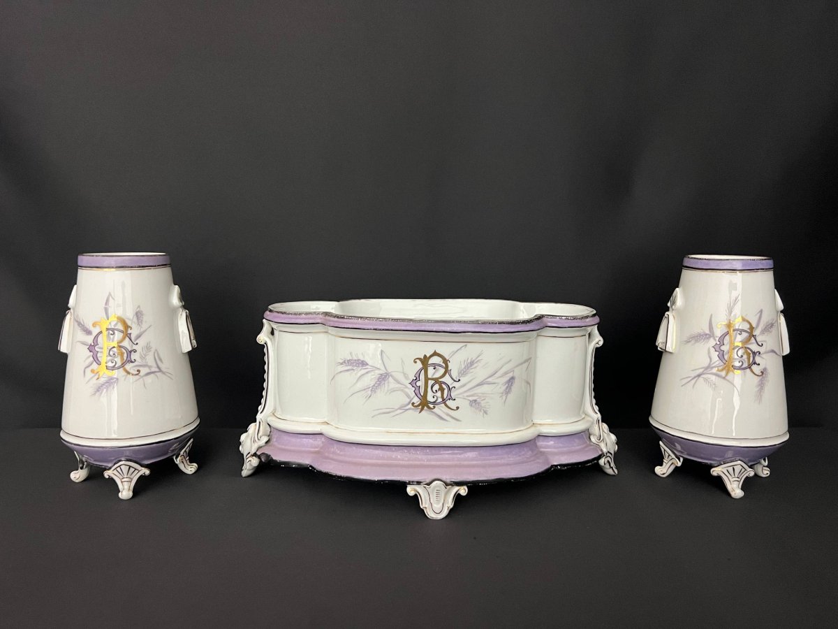 Jardinière ancienne en porcelaine avec sa paire de vases assortis-photo-6
