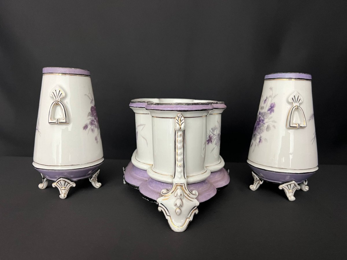Jardinière ancienne en porcelaine avec sa paire de vases assortis-photo-8