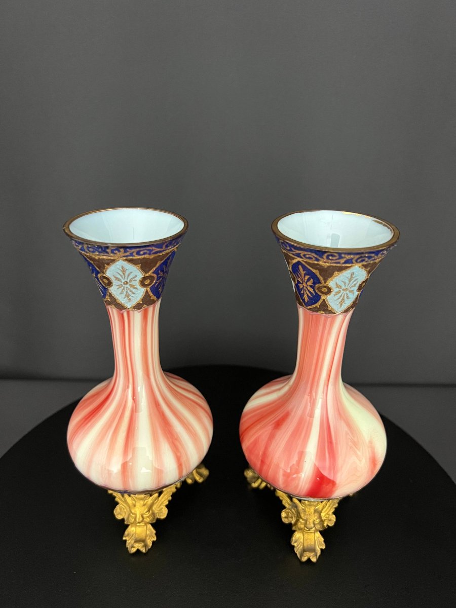 Pair Of Opaline And Gilt Bronze Vases - 19th Century-photo-1