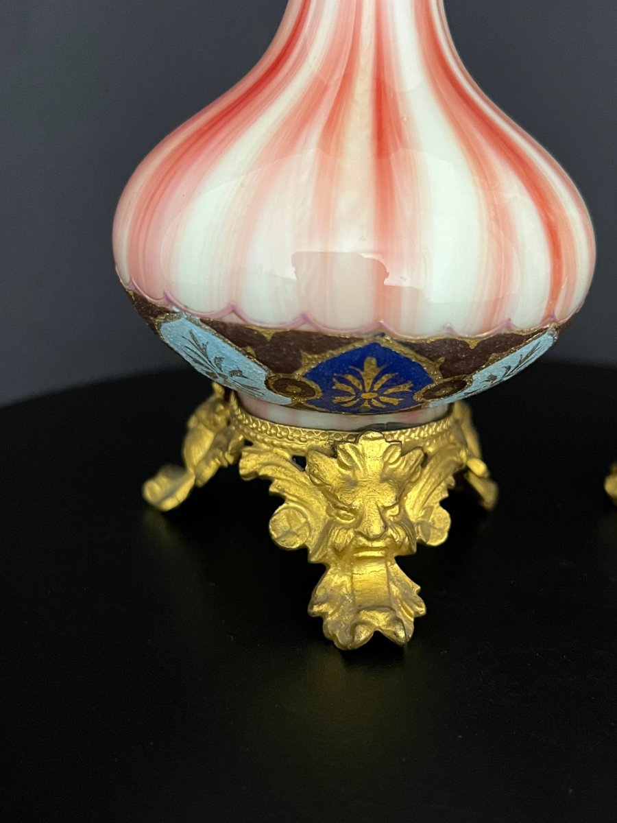 Pair Of Opaline And Gilt Bronze Vases - 19th Century-photo-2