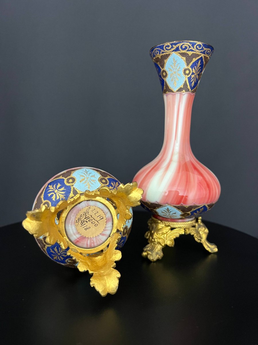 Pair Of Opaline And Gilt Bronze Vases - 19th Century-photo-5