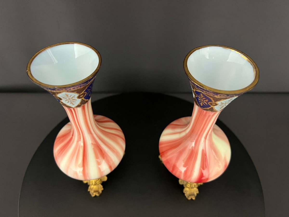 Pair Of Opaline And Gilt Bronze Vases - 19th Century-photo-6