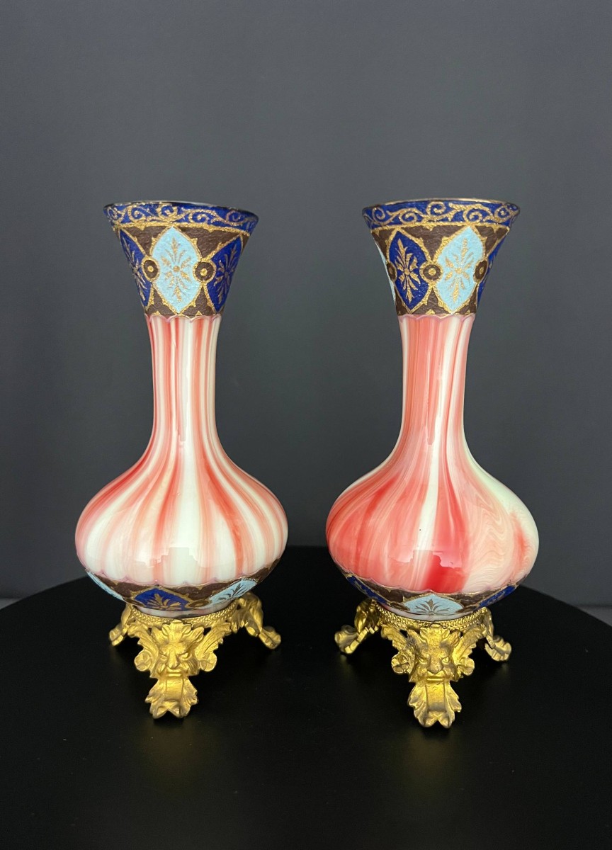 Pair Of Opaline And Gilt Bronze Vases - 19th Century