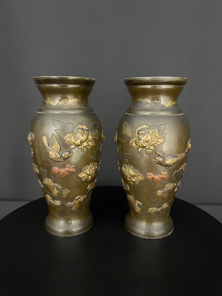 Paire de vases en bronze japonais à décor naturaliste en relief – époque Meiji -photo-2
