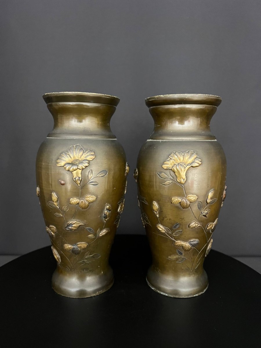 Paire de vases en bronze japonais à décor naturaliste en relief – époque Meiji -photo-3