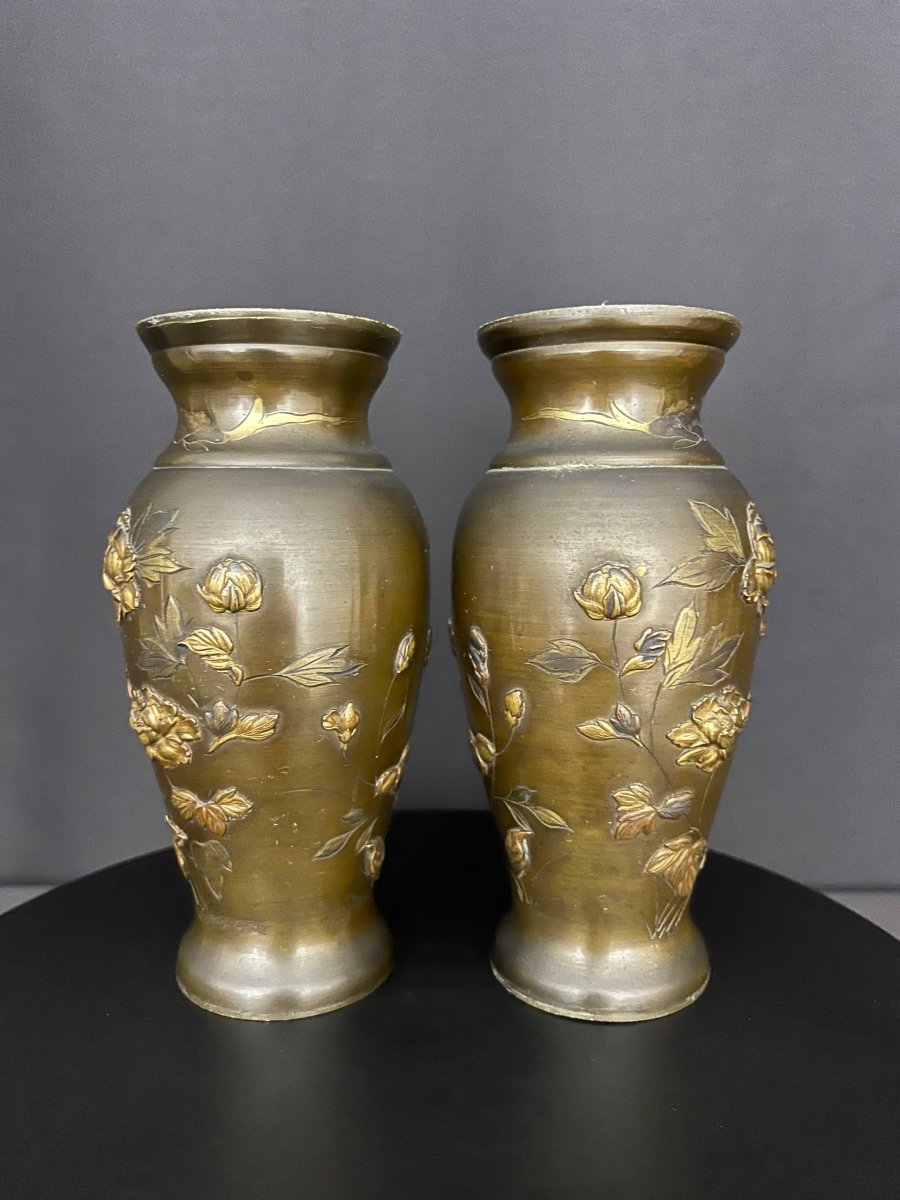 Paire de vases en bronze japonais à décor naturaliste en relief – époque Meiji -photo-4