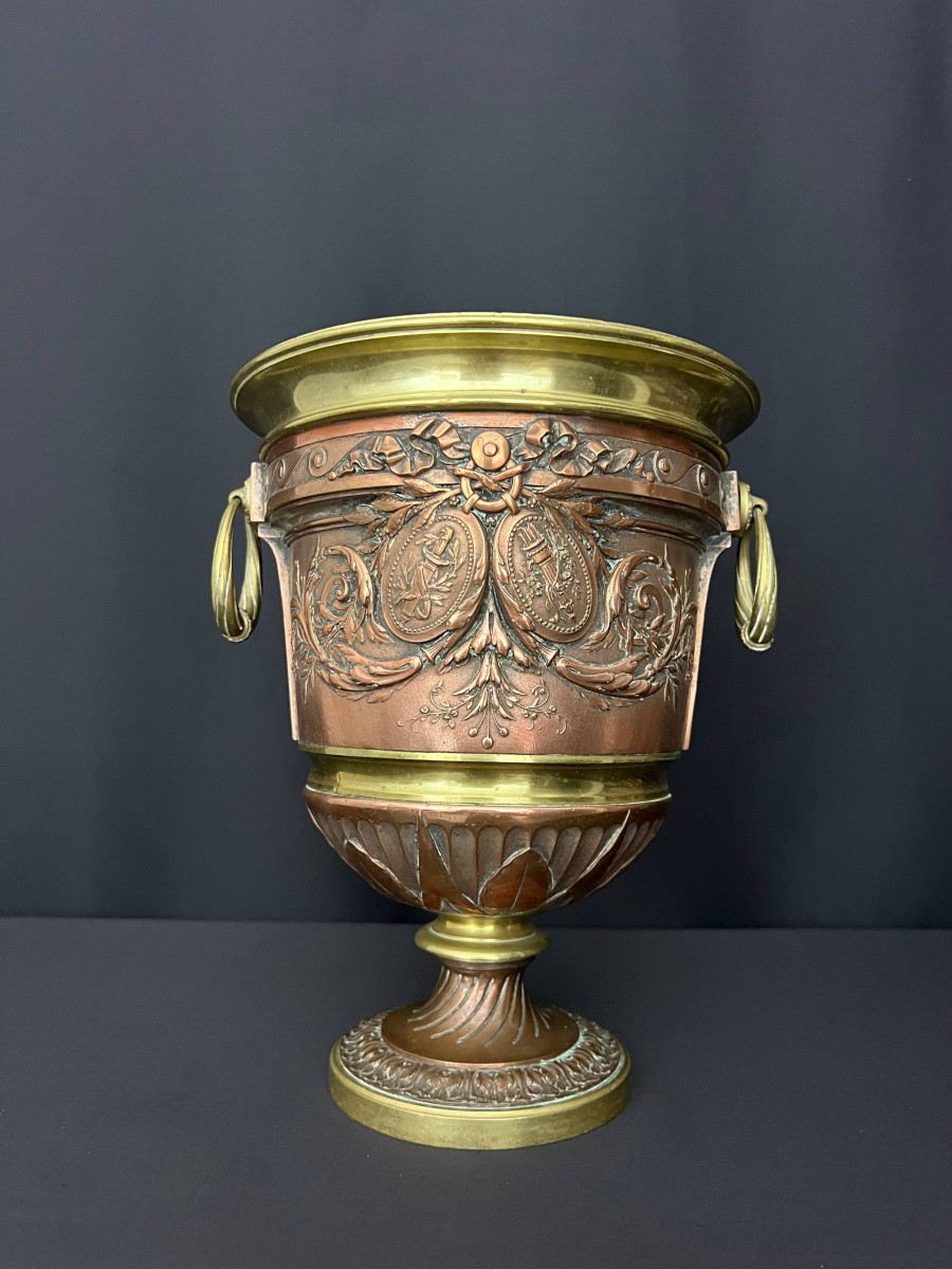 Champagne Bucket In Copper And Chased Bronze, Louis XVI Style - France, Late 19th Century
