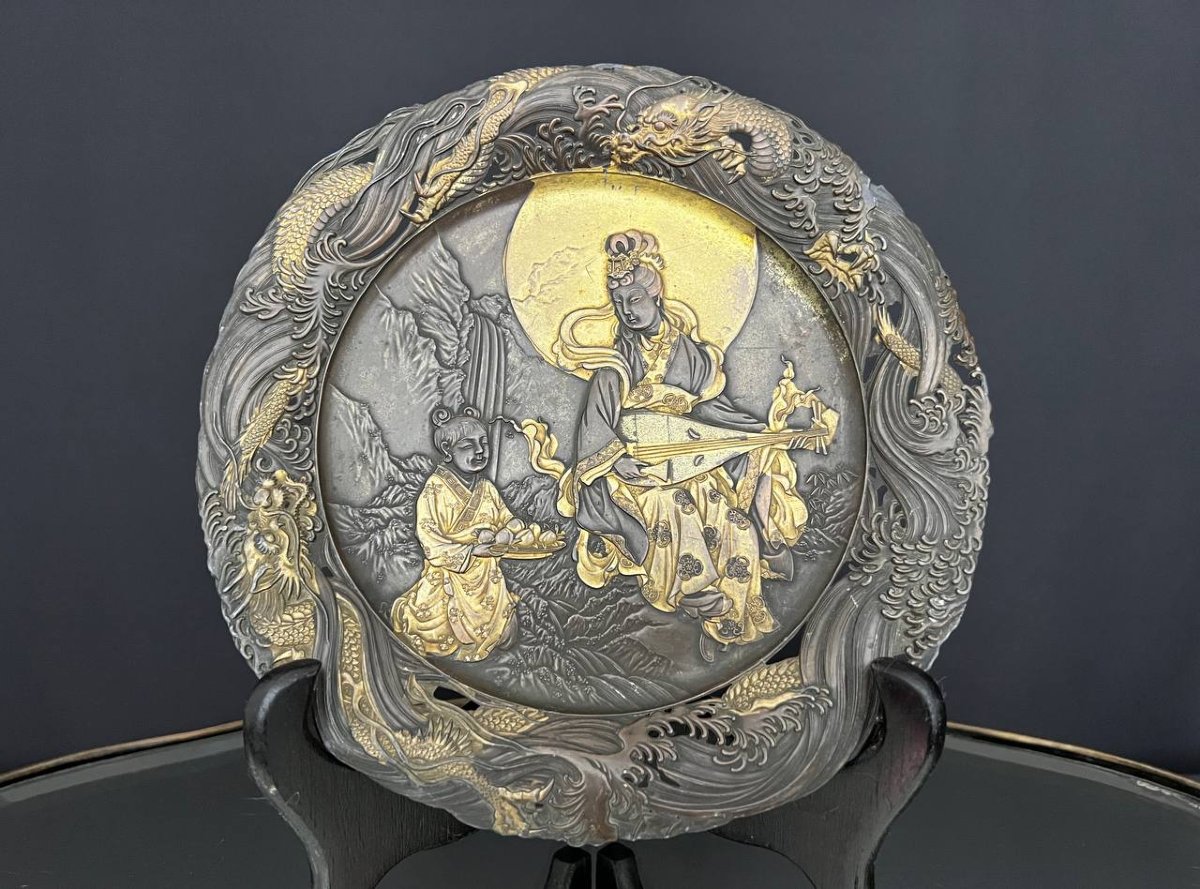 Élément décoratif japonisant ancien en bronze à décor de dragons-photo-4
