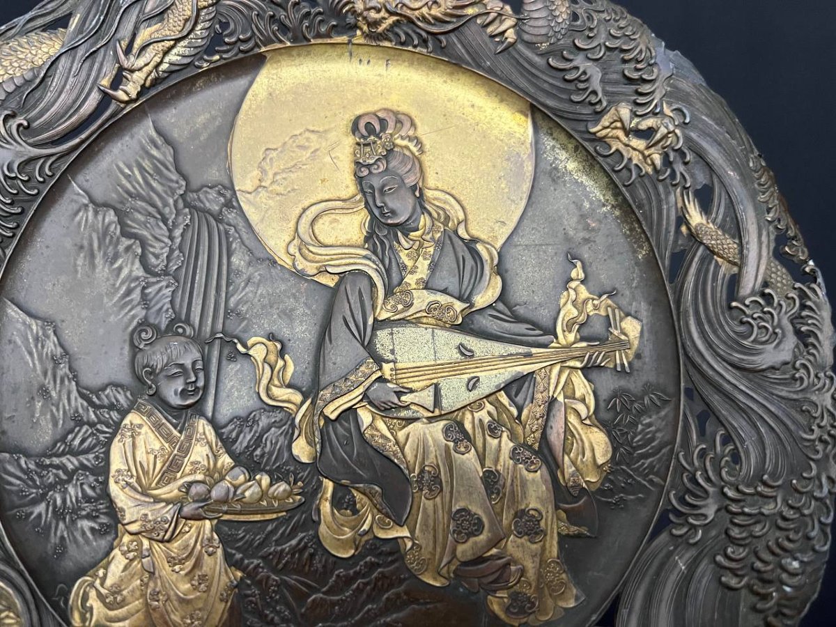 Élément décoratif japonisant ancien en bronze à décor de dragons-photo-4