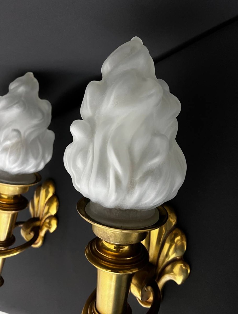Large Pair Of Gilded Brass Torch Sconces-photo-2