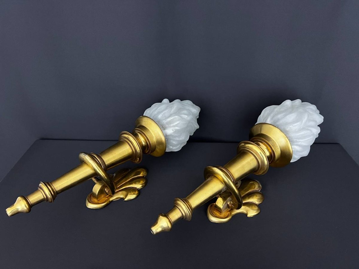 Large Pair Of Gilded Brass Torch Sconces-photo-3