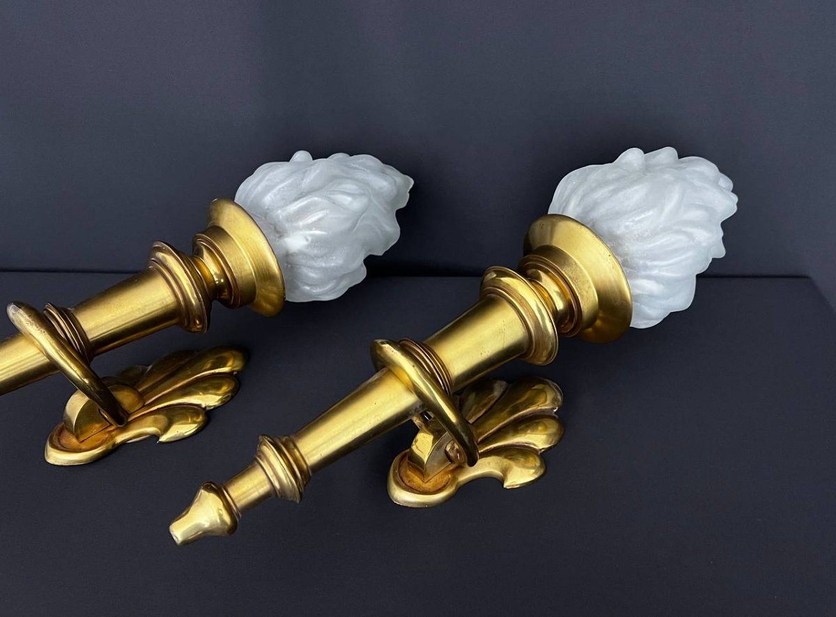 Large Pair Of Gilded Brass Torch Sconces-photo-4