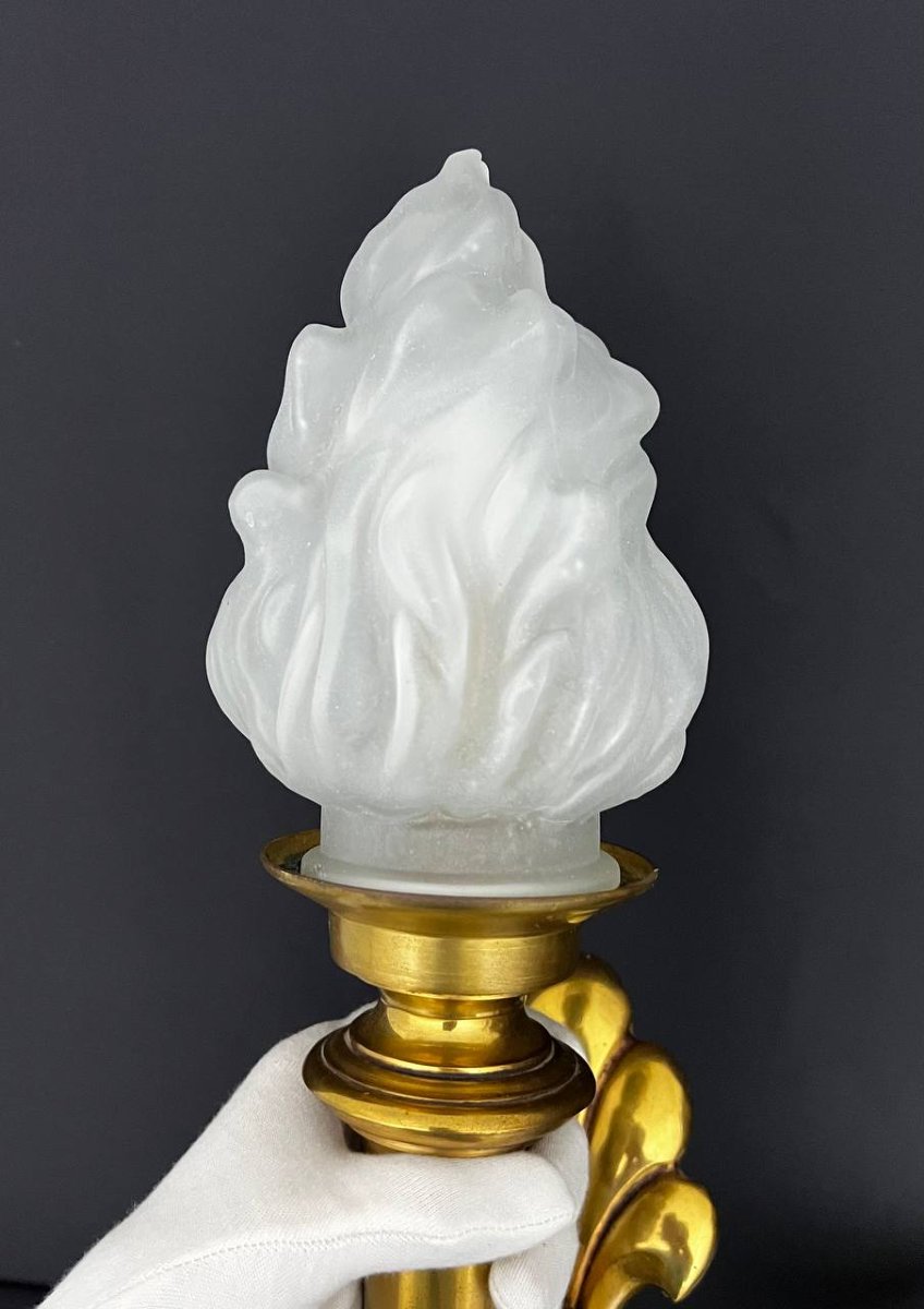 Large Pair Of Gilded Brass Torch Sconces-photo-1