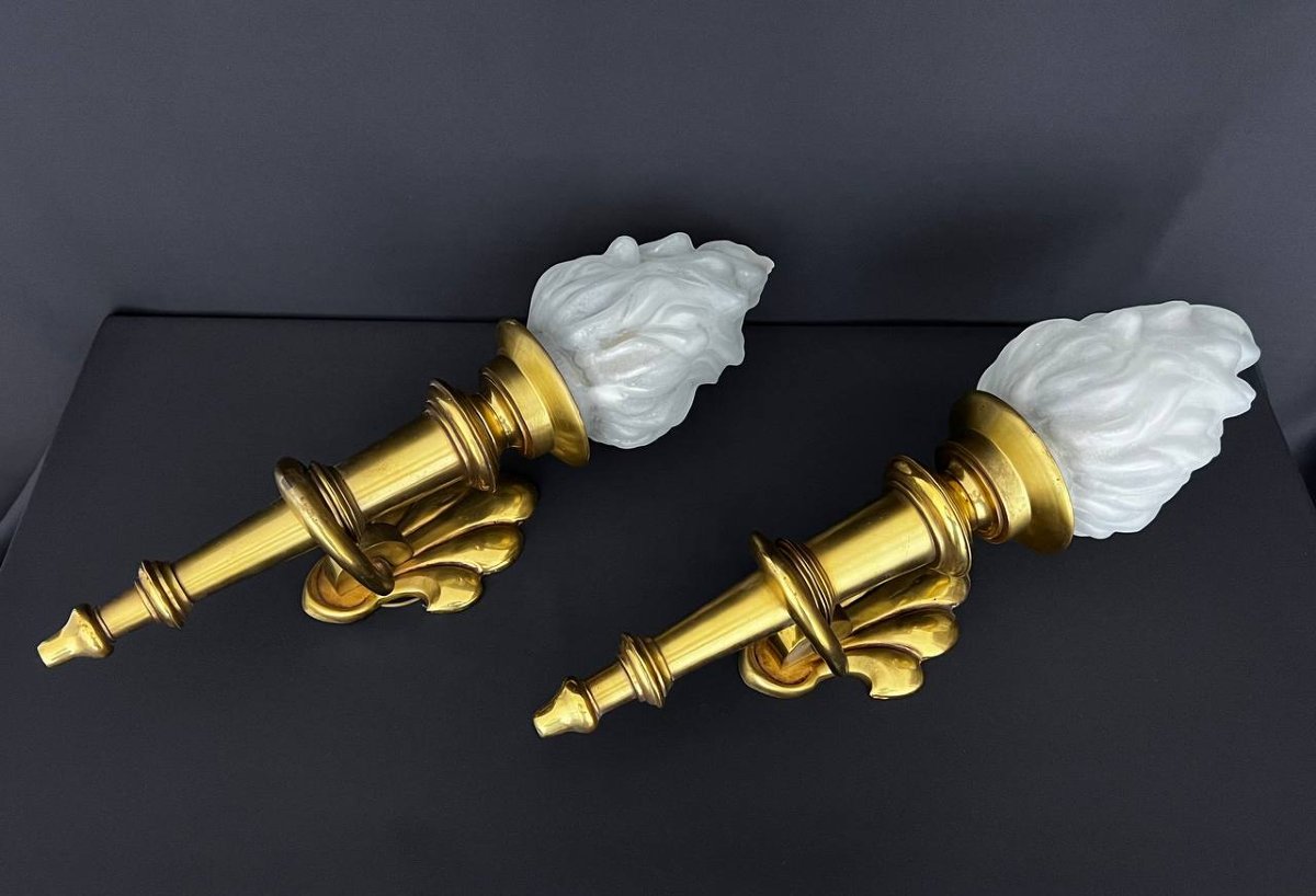 Large Pair Of Gilded Brass Torch Sconces-photo-3