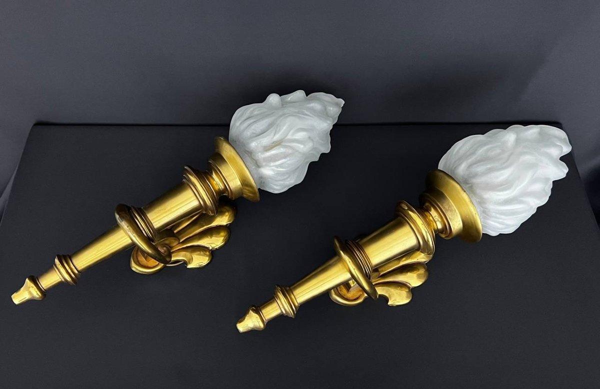 Large Pair Of Gilded Brass Torch Sconces-photo-4
