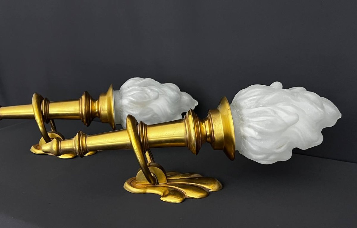 Large Pair Of Gilded Brass Torch Sconces-photo-5