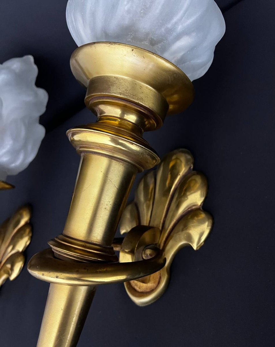 Large Pair Of Gilded Brass Torch Sconces-photo-6