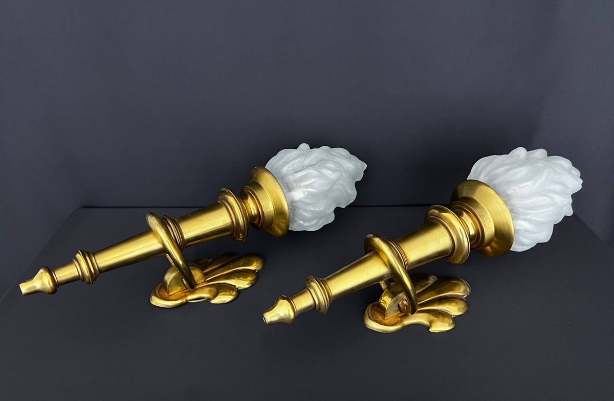 Large Pair Of Gilded Brass Torch Sconces