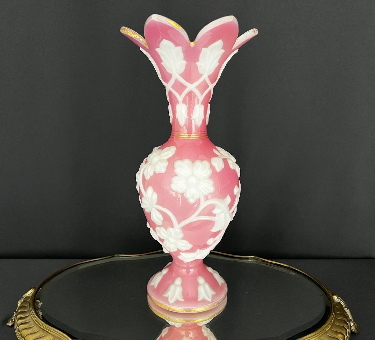 Large Pink Opaline Vase With White Applied Decoration Attributed To Baccarat-photo-4