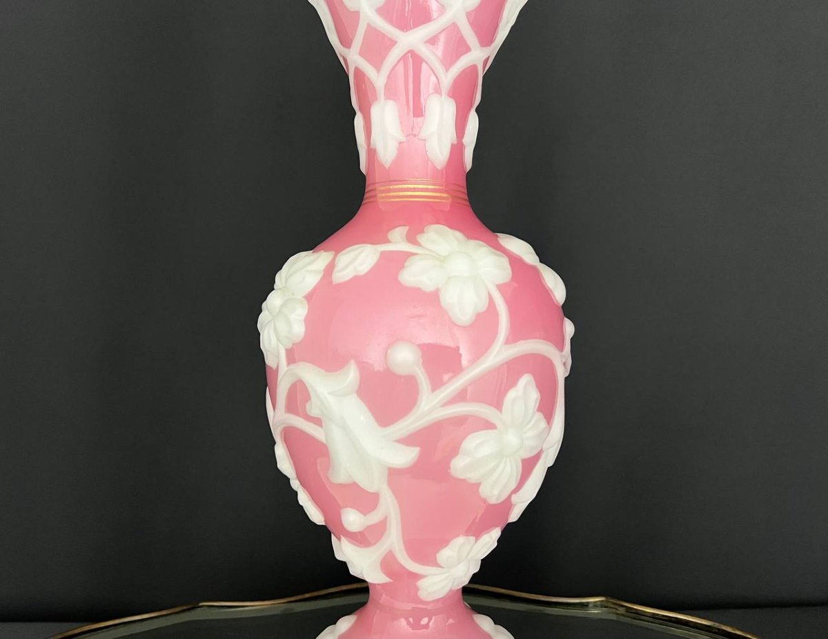 Large Pink Opaline Vase With White Applied Decoration Attributed To Baccarat-photo-4