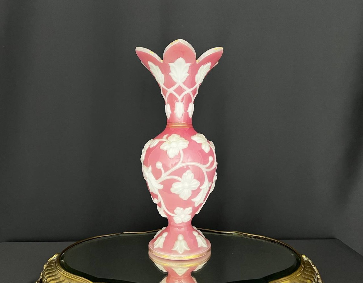 Large Pink Opaline Vase With White Applied Decoration Attributed To Baccarat