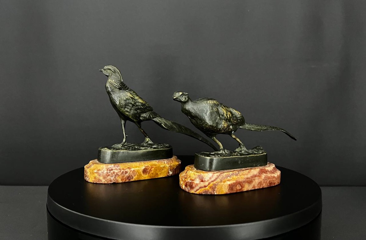 Paire de faisans en bronze patiné sur marbre rouge flamboyant – Art Déco-photo-4