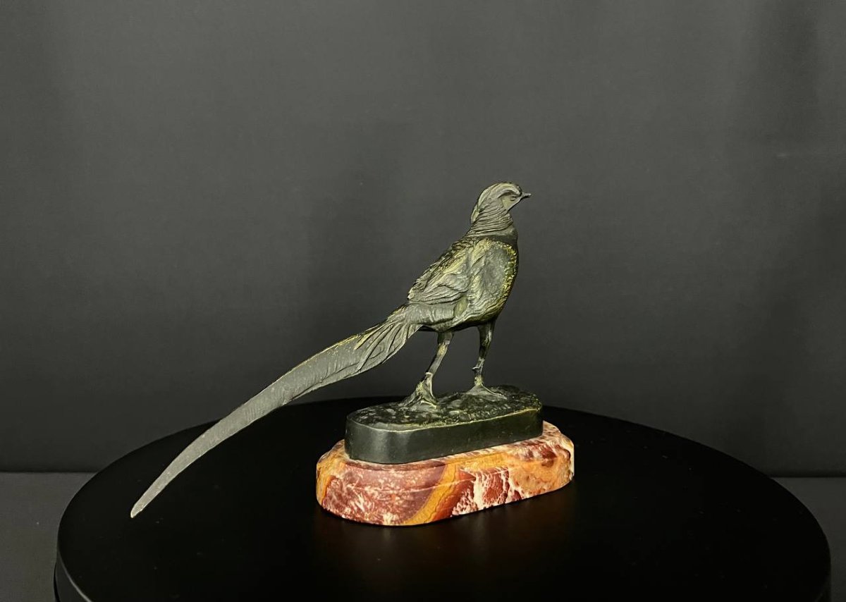 Paire de faisans en bronze patiné sur marbre rouge flamboyant – Art Déco-photo-1