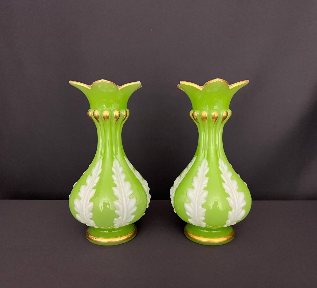 Pair Of Green And White Opaline Vases, Attributed To Baccarat, Napoleon III Period-photo-2