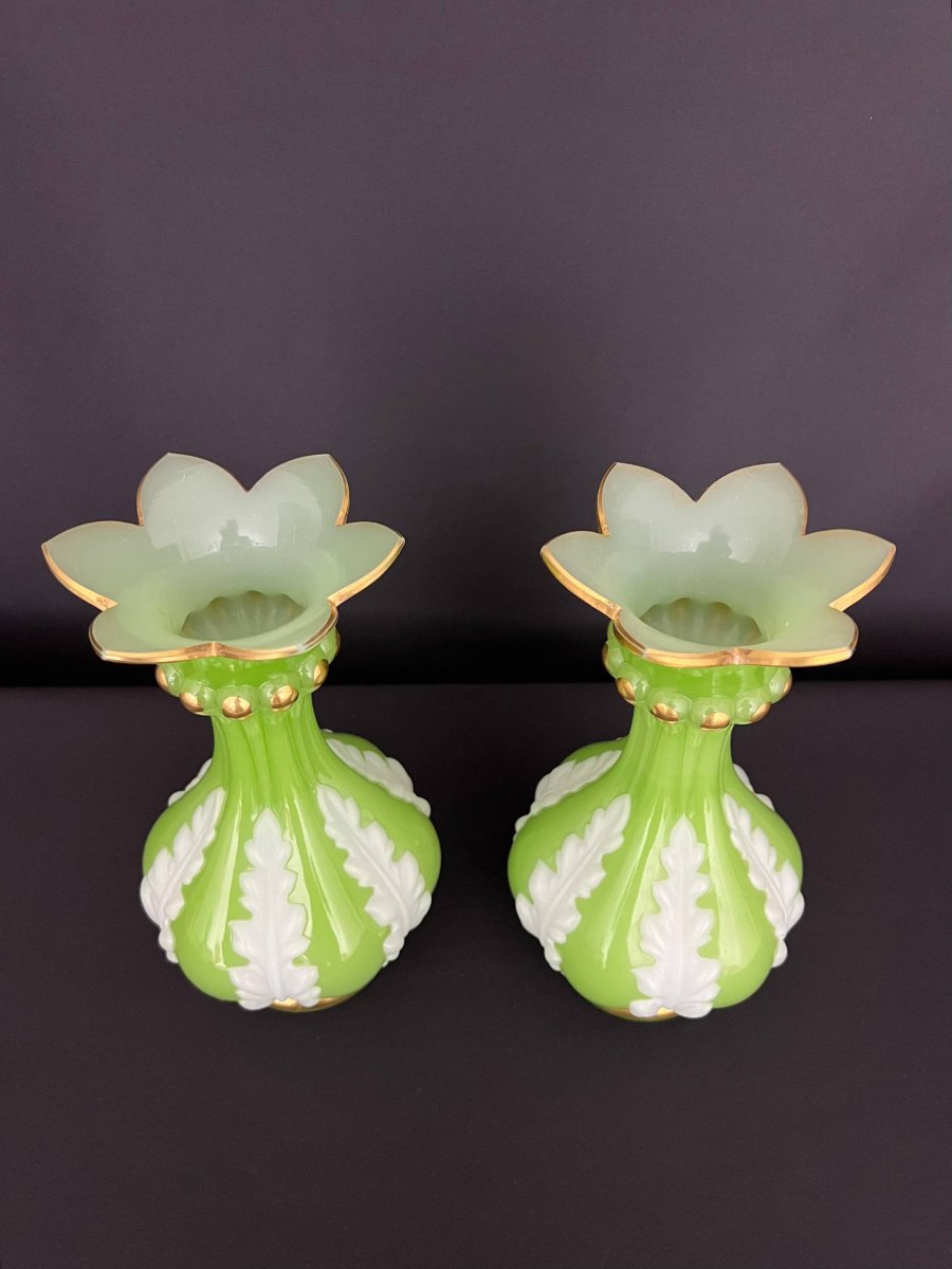 Pair Of Green And White Opaline Vases, Attributed To Baccarat, Napoleon III Period-photo-3