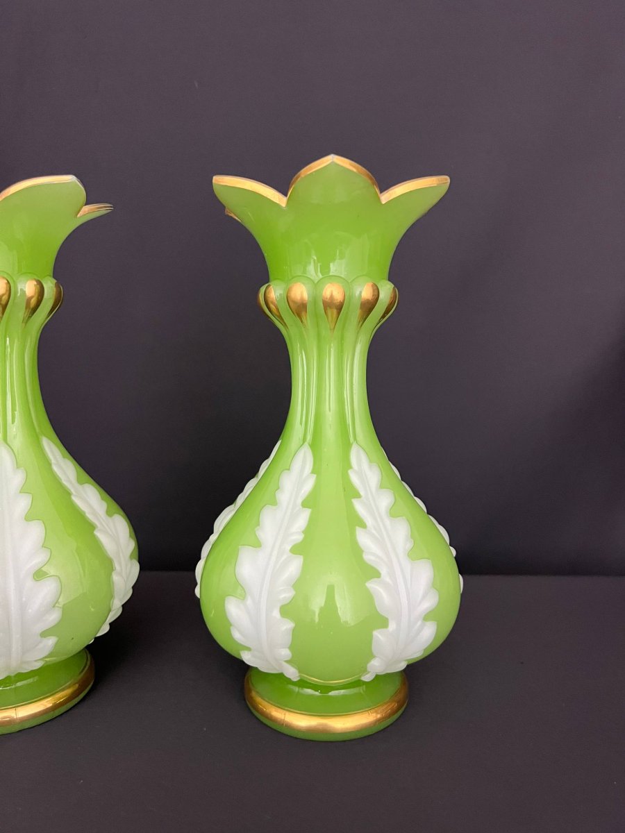 Pair Of Green And White Opaline Vases, Attributed To Baccarat, Napoleon III Period-photo-4