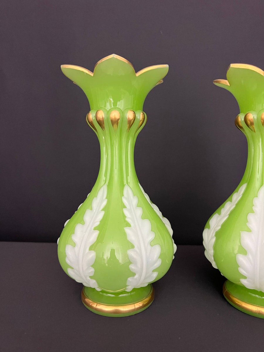 Pair Of Green And White Opaline Vases, Attributed To Baccarat, Napoleon III Period-photo-1