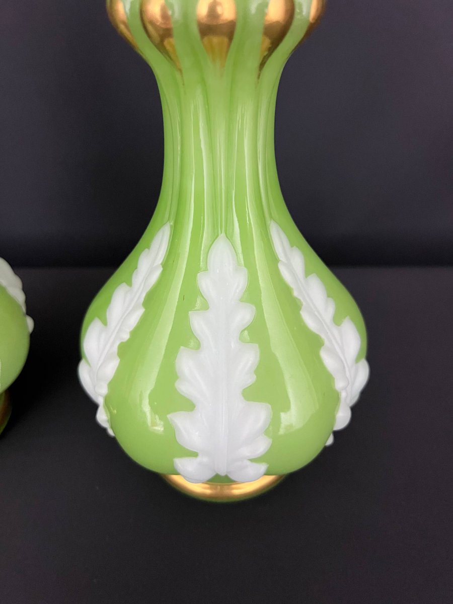 Pair Of Green And White Opaline Vases, Attributed To Baccarat, Napoleon III Period-photo-3