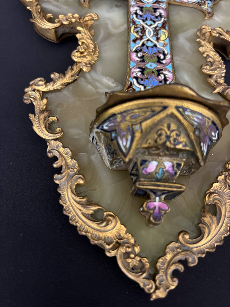 Bénitier en onyx, bronze doré et émaux cloisonnés, XIXe siècle-photo-1