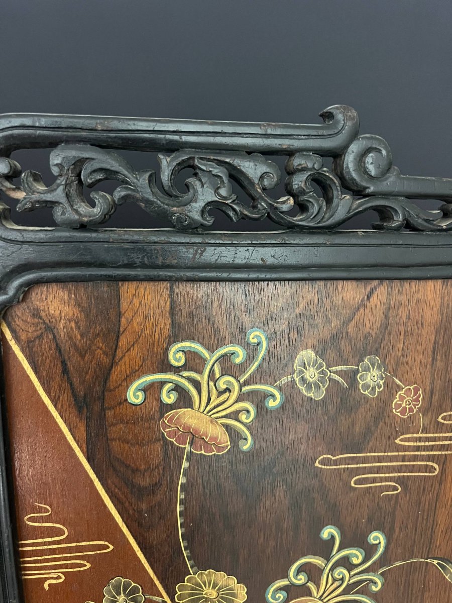 Chinese Two-leaf Folding Screen In Lacquered And Carved Wood-photo-1