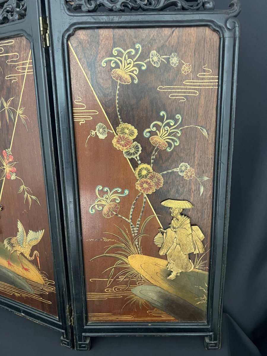 Chinese Two-leaf Folding Screen In Lacquered And Carved Wood-photo-2