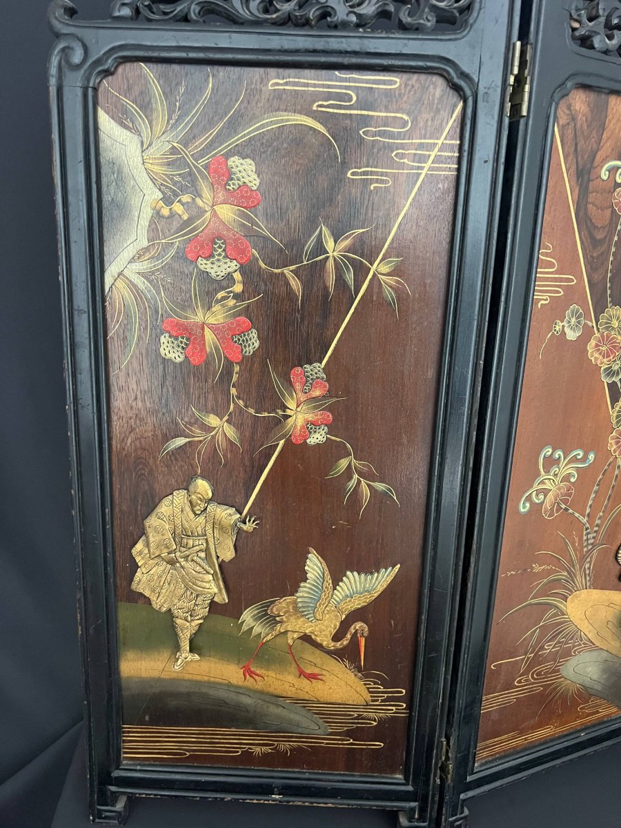 Chinese Two-leaf Folding Screen In Lacquered And Carved Wood-photo-3