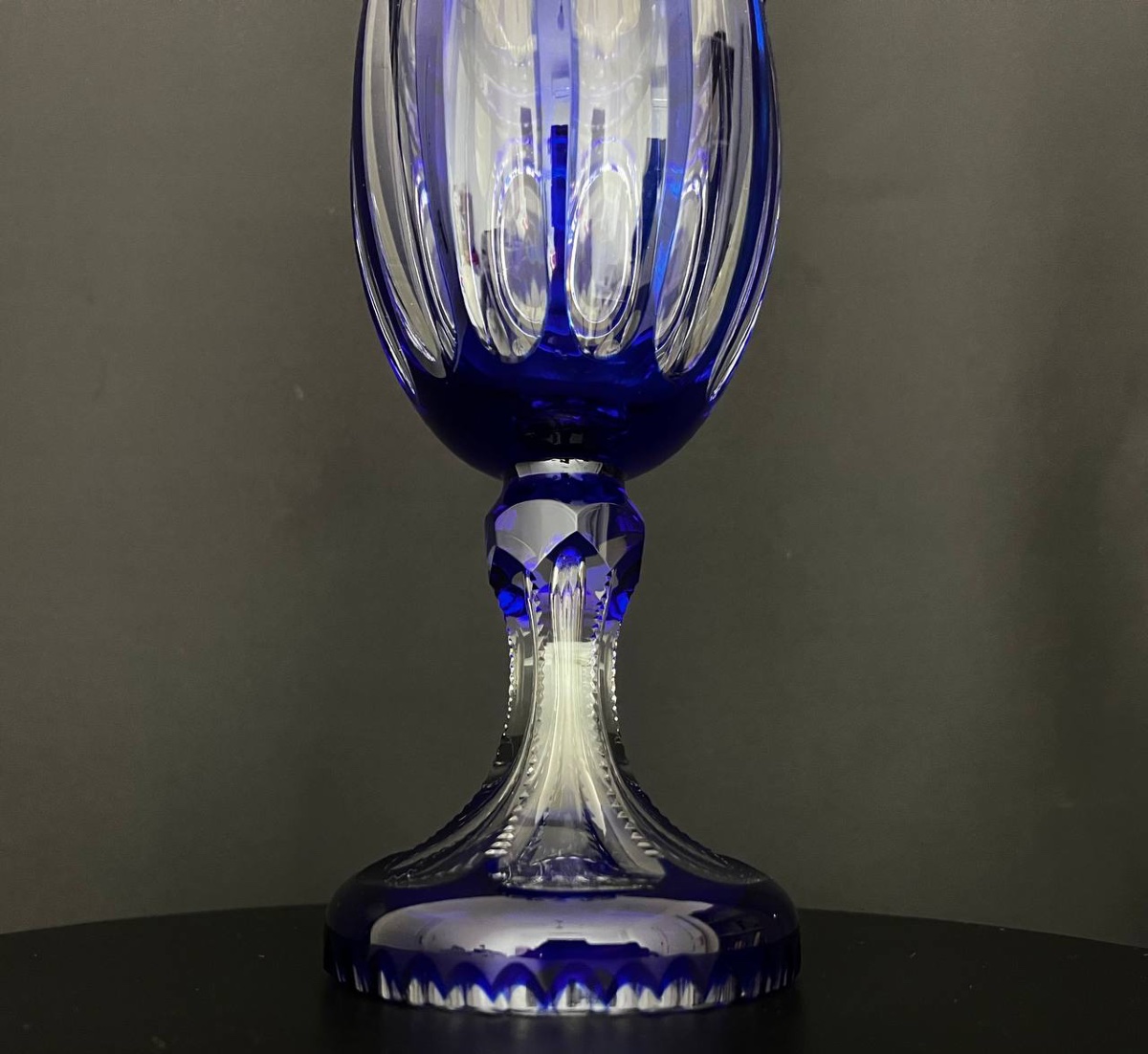Large Covered Bowl On Foot In Cobalt Blue Lined Overlay Crystal-photo-2