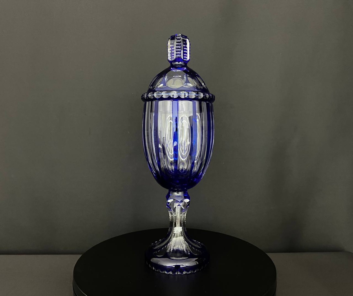 Large Covered Bowl On Foot In Cobalt Blue Lined Overlay Crystal-photo-4