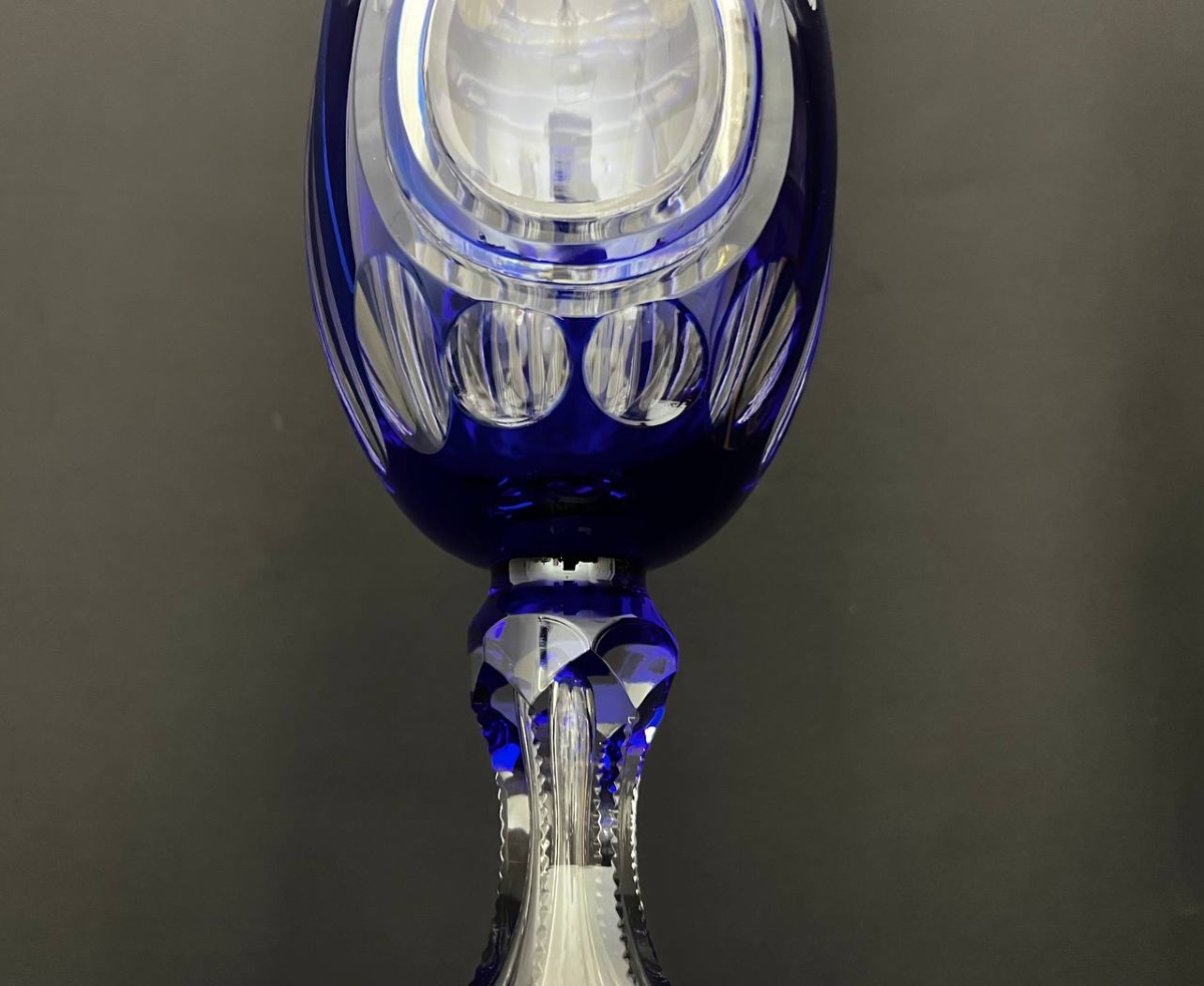 Large Covered Bowl On Foot In Cobalt Blue Lined Overlay Crystal-photo-2