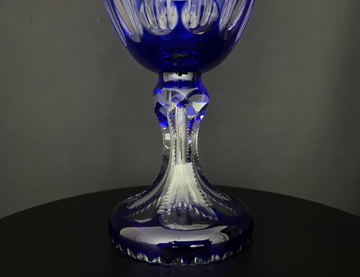 Large Covered Bowl On Foot In Cobalt Blue Lined Overlay Crystal-photo-3