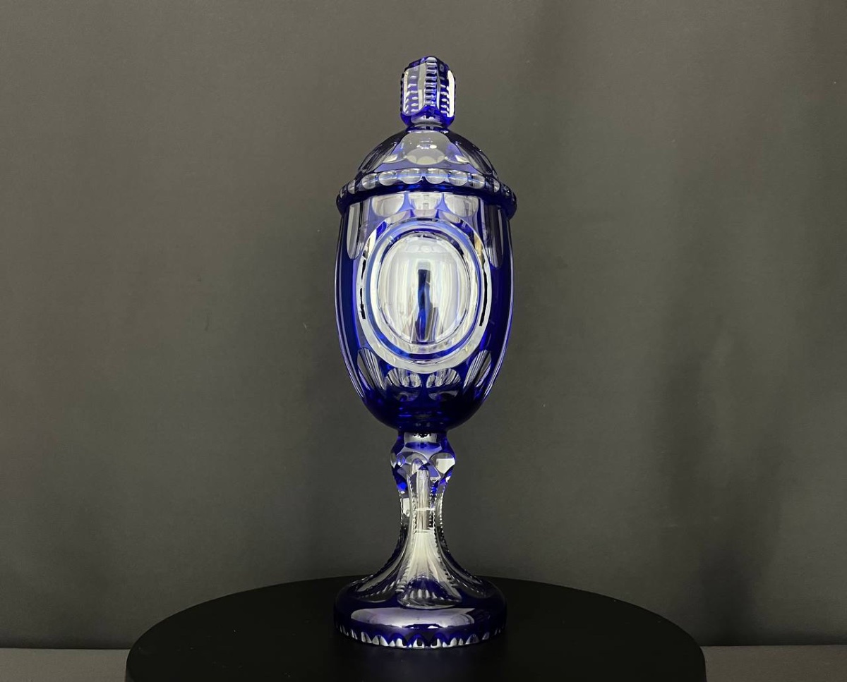 Large Covered Bowl On Foot In Cobalt Blue Lined Overlay Crystal