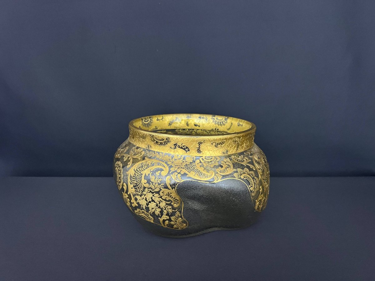 Large Frosted Glass Vase With Gilded Relief Decoration, Attributed To Montjoye-photo-2