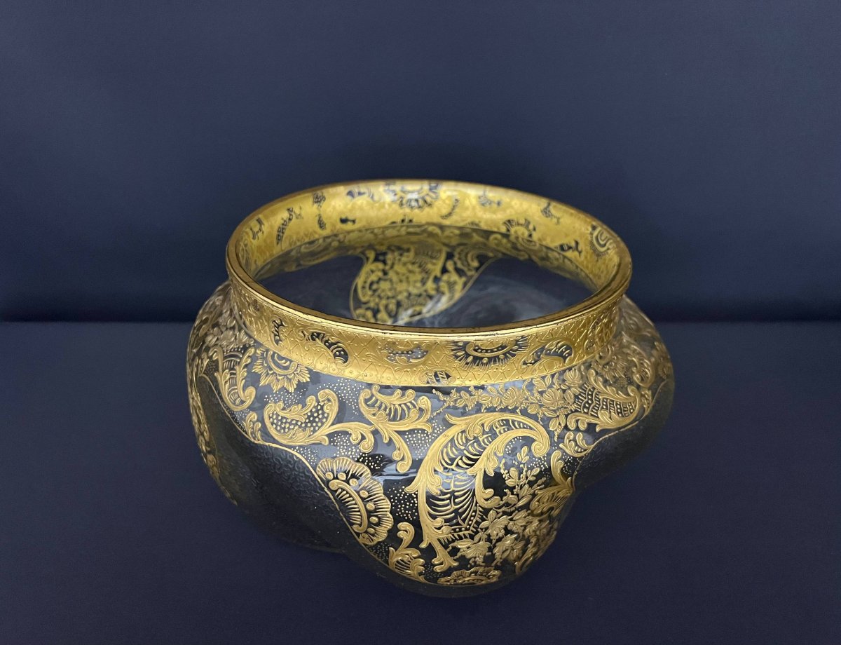 Large Frosted Glass Vase With Gilded Relief Decoration, Attributed To Montjoye-photo-3