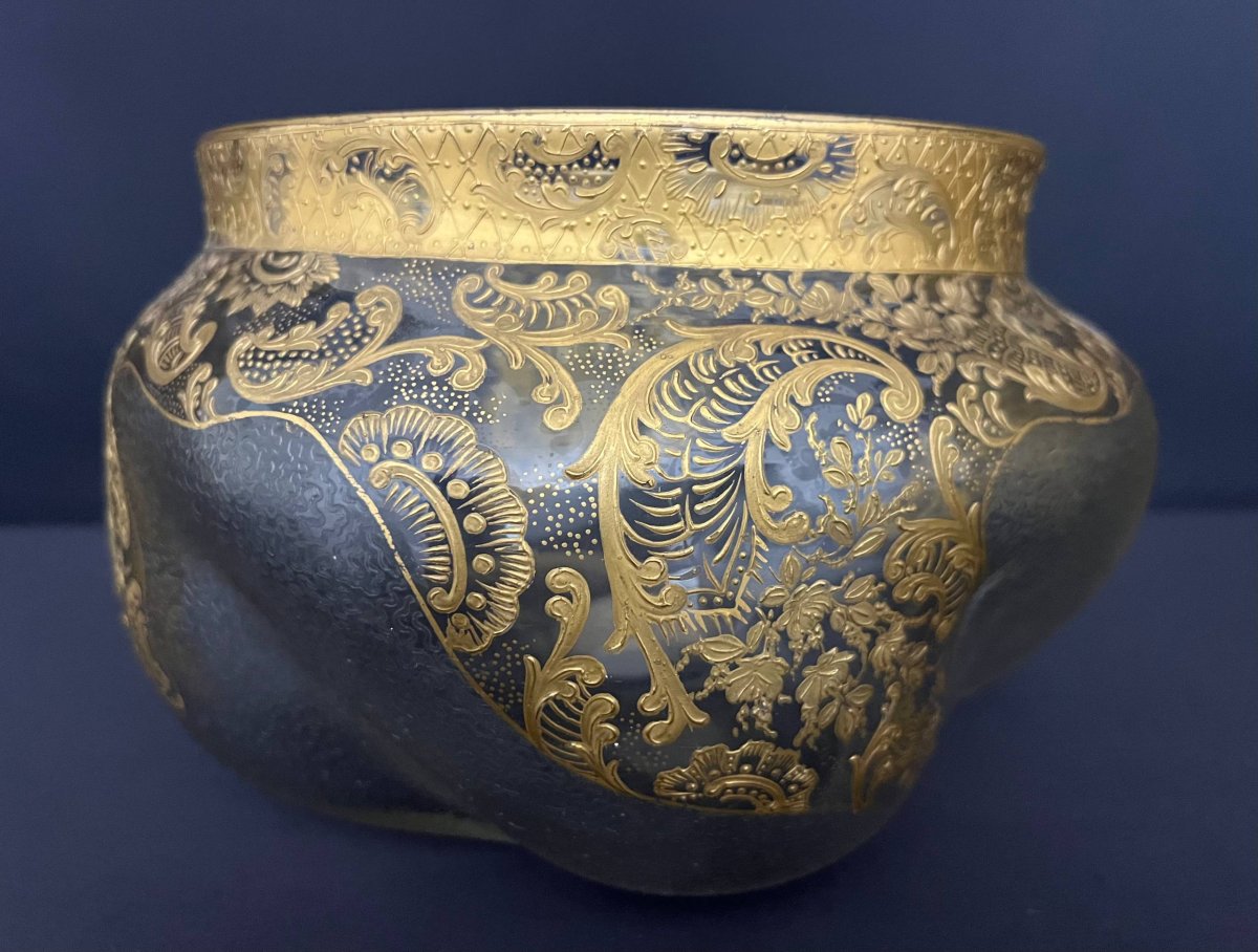 Large Frosted Glass Vase With Gilded Relief Decoration, Attributed To Montjoye-photo-4